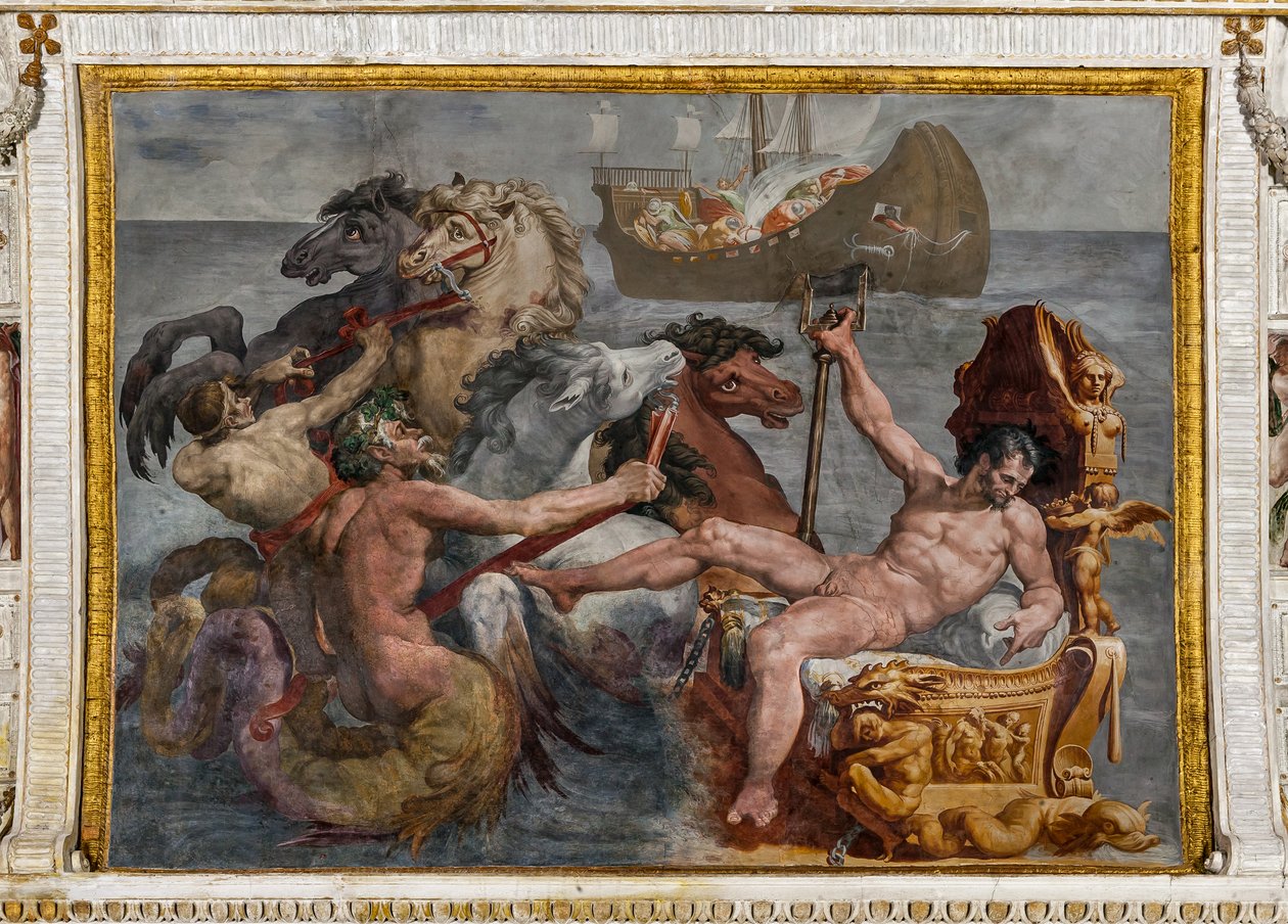 Neptun a loď Ulysses, detail z Polyfémovy komnaty od Pellegrino Tibaldi