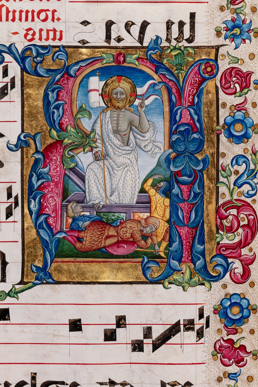 Knihovna Piccolomini: sborová kniha, cod. 101,7, násl. 14r se „Vzkříšením Krista“, od Pellegrina di Mariana. Detail. od Pellegrino di Mariano