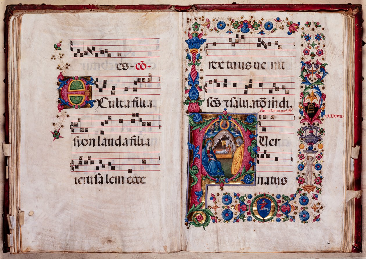 Knihovna Piccolomini: sborová kniha, treska. 102,8, násl. 47v-48r s „Narozením“, od Pellegrina di Mariana. od Pellegrino di Mariano