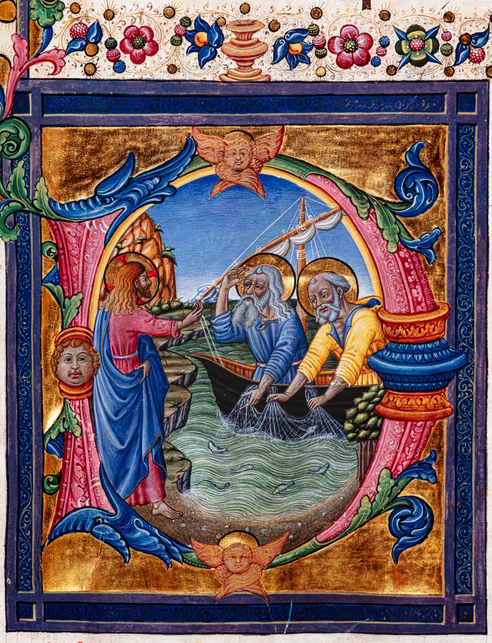 Knihovna Piccolomini: sborová kniha, treska. 11.M, násl. 4r s „Povolání svatého Petra a svatého Ondřeje“, od Pellegrina di Mariana. Detail. od Pellegrino di Mariano
