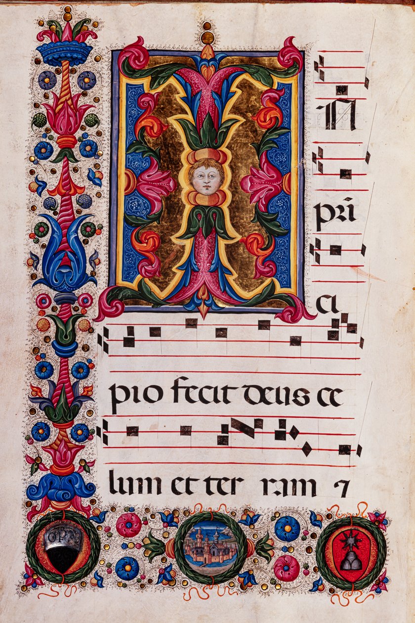Piccolomini Library: Choir Book, cod. 5.E, násl. 4v s „foliated Initial“, od Pellegrino di Mariano. od Pellegrino di Mariano