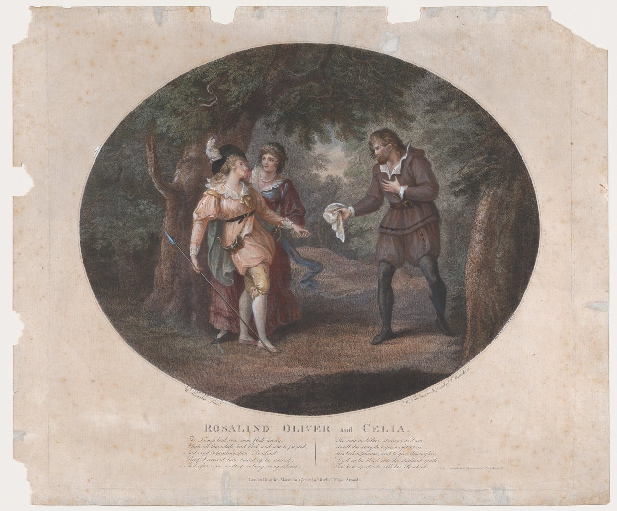 Rosalind, Oliver a Celia Shakespearovi, Jak se vám líbí, dějství 4, scéna 6, 1791., 1791. od Peltro William Tomkins
