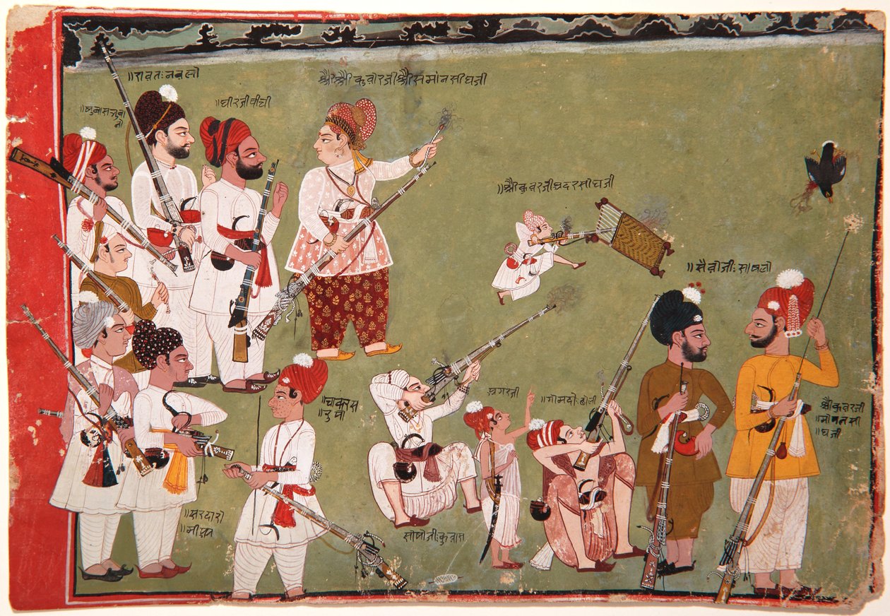 Adar Singh a Saman Singh střílejí ptáky, cca 1790 (neprůhledná čb a zlato na papíře) od Pemji