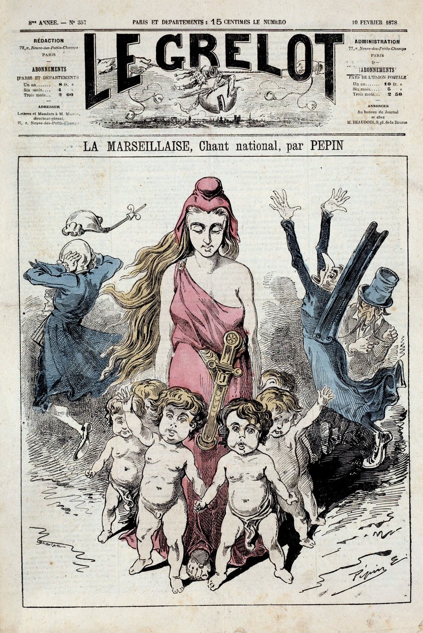 Jeden ze „Zvonu“ představující alegorii státní hymny „“La Marseillaise“““ postupuje, zatímco si šlechtici ucpávají uši při útěku. Ilustrace Pepin. 10/02/1878. Soukromá sbírka od Pepin