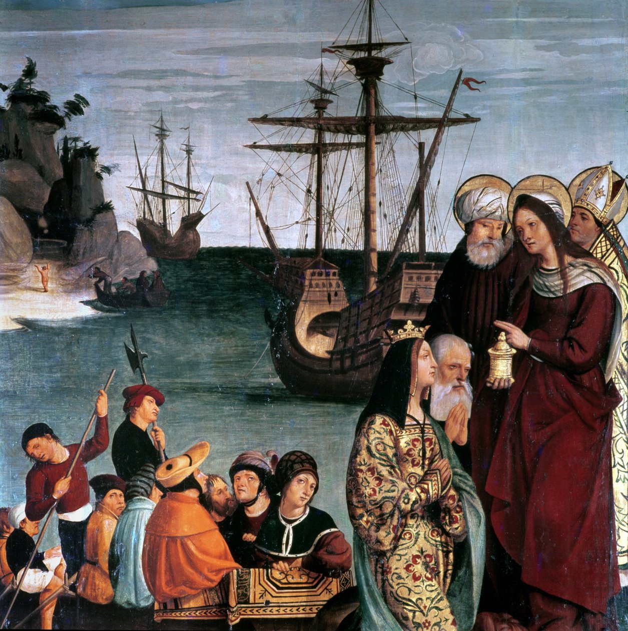 Marie Magdalena nalodění na loď, z oltářního obrazu svaté Magdalény od Pera Matas