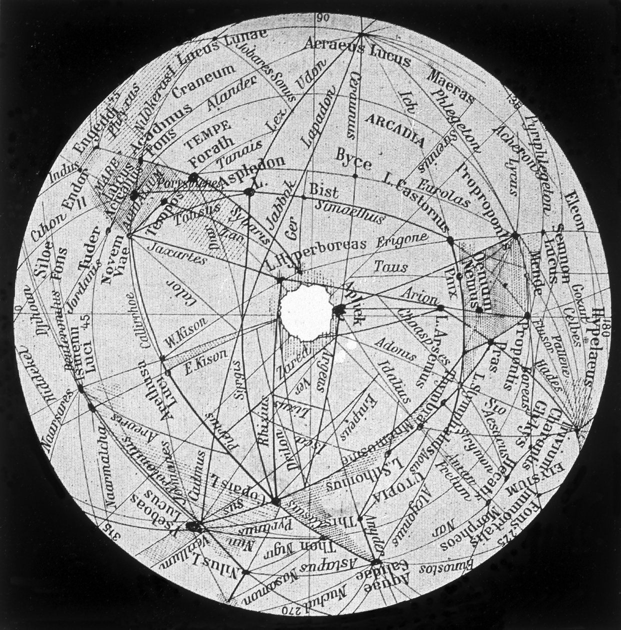 Mars: kanály a oáza podle mapy P. Lowella - v „“The Sky““, od Alphonse Bergeta, Larousse od Percival (after) Lowell