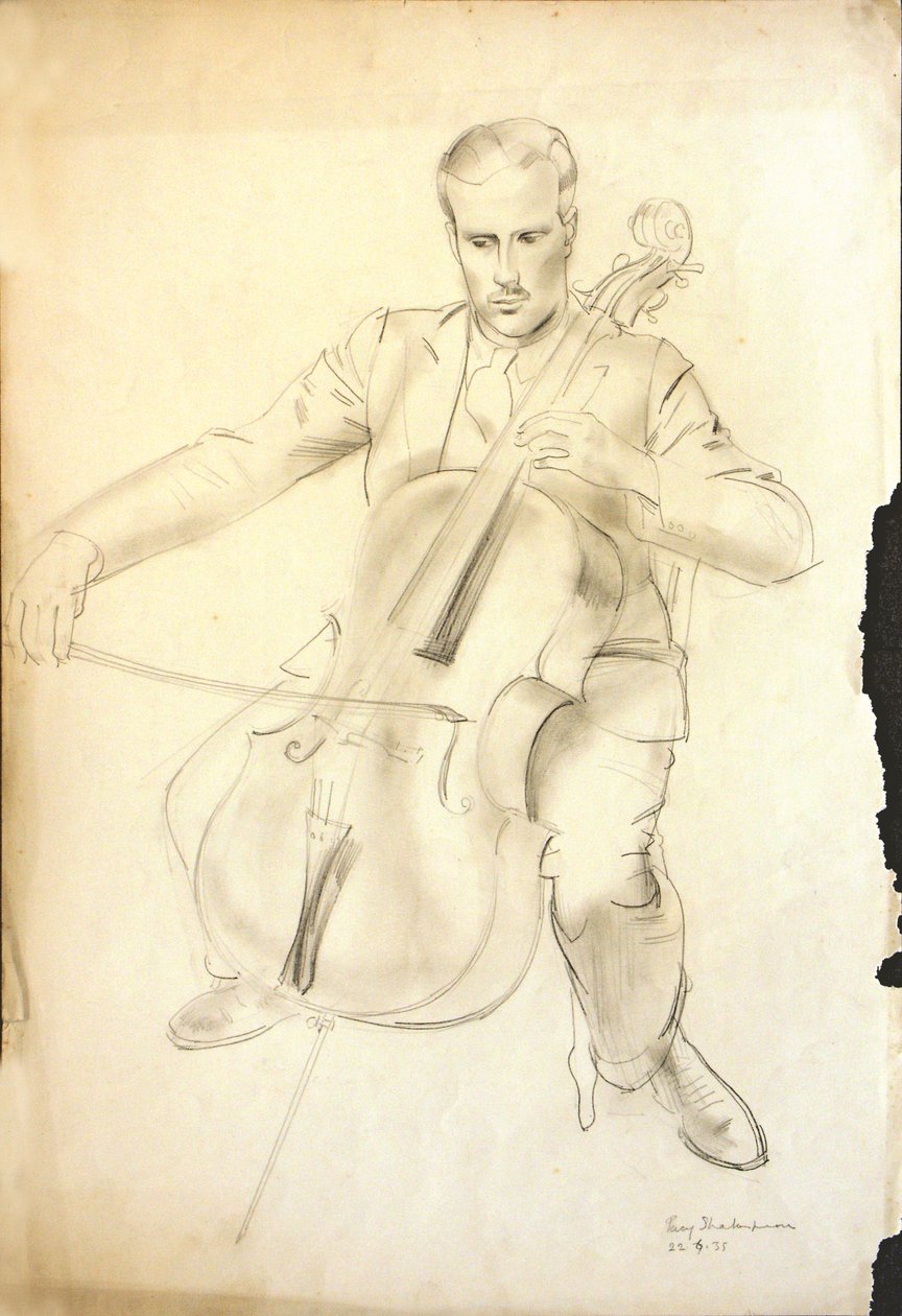 Portrét Arthura Kempa hrajícího na violoncello, 1935 (tužka a křída na papíře) od Percy Shakespeare