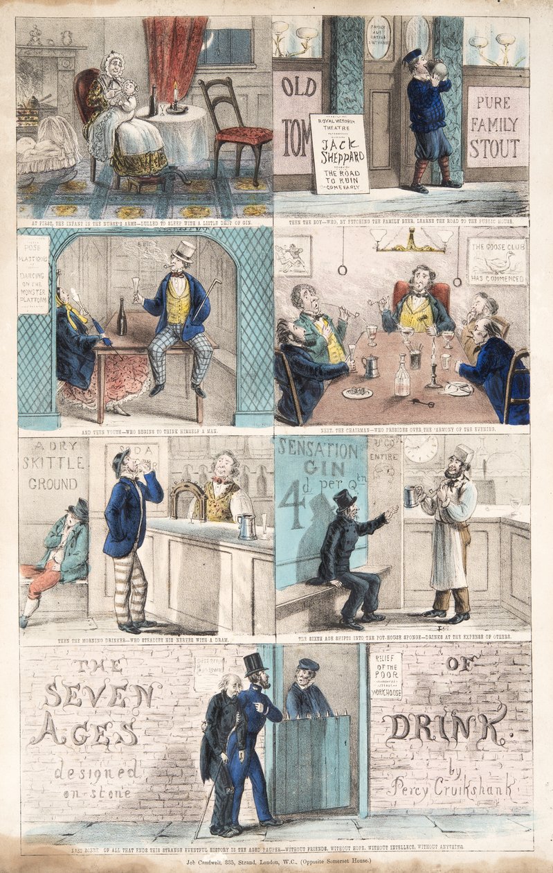 The Seven Ages of Drink, pub.c. 1872 (ručně kolorovaná rytina) od Percy Cruikshank