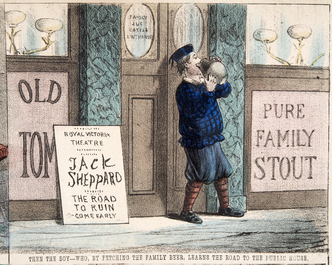 "Chlapec - který tím, že přinese rodinné pivo, zjistí cestu k veřejnému domu, pub.c. 1872 (ručně kolorovaná rytina) od Percy Cruikshank