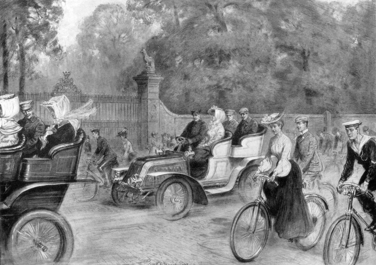 Motory a jízdní kola v Kensington High Street, Londýn, 1903 od Percy F.S. Spence