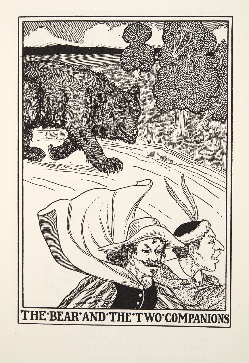 Medvěd a dva společníci, od Fontaine Fables, hospoda. 1905 (rytina) od Percy J. Billingshurst
