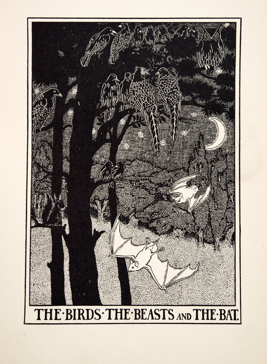 Ptáci, zvířata a netopýr, ze Sto Ezopových bajek, nakl. 1903 (rytina) od Percy J. Billingshurst