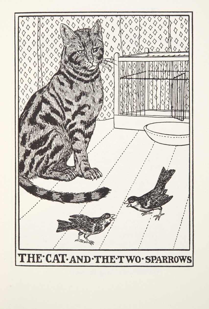 The Cat and the Two Sparrows, from Fontaine Fables, pub. 1905 od Percy J. Billingshurst