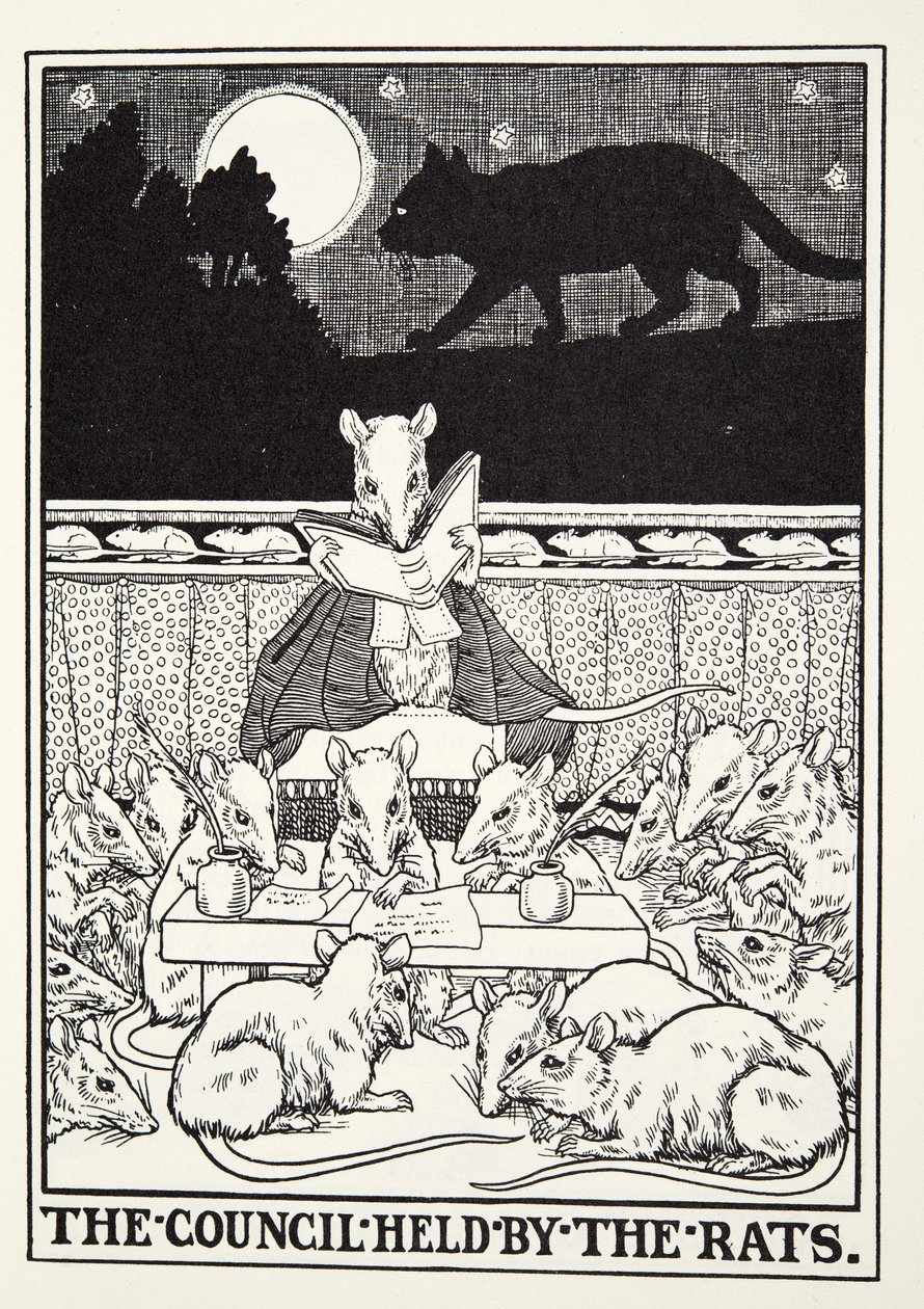 Rada držená krysami, z Fontainových pohádek, pub. 1905 od Percy J. Billingshurst