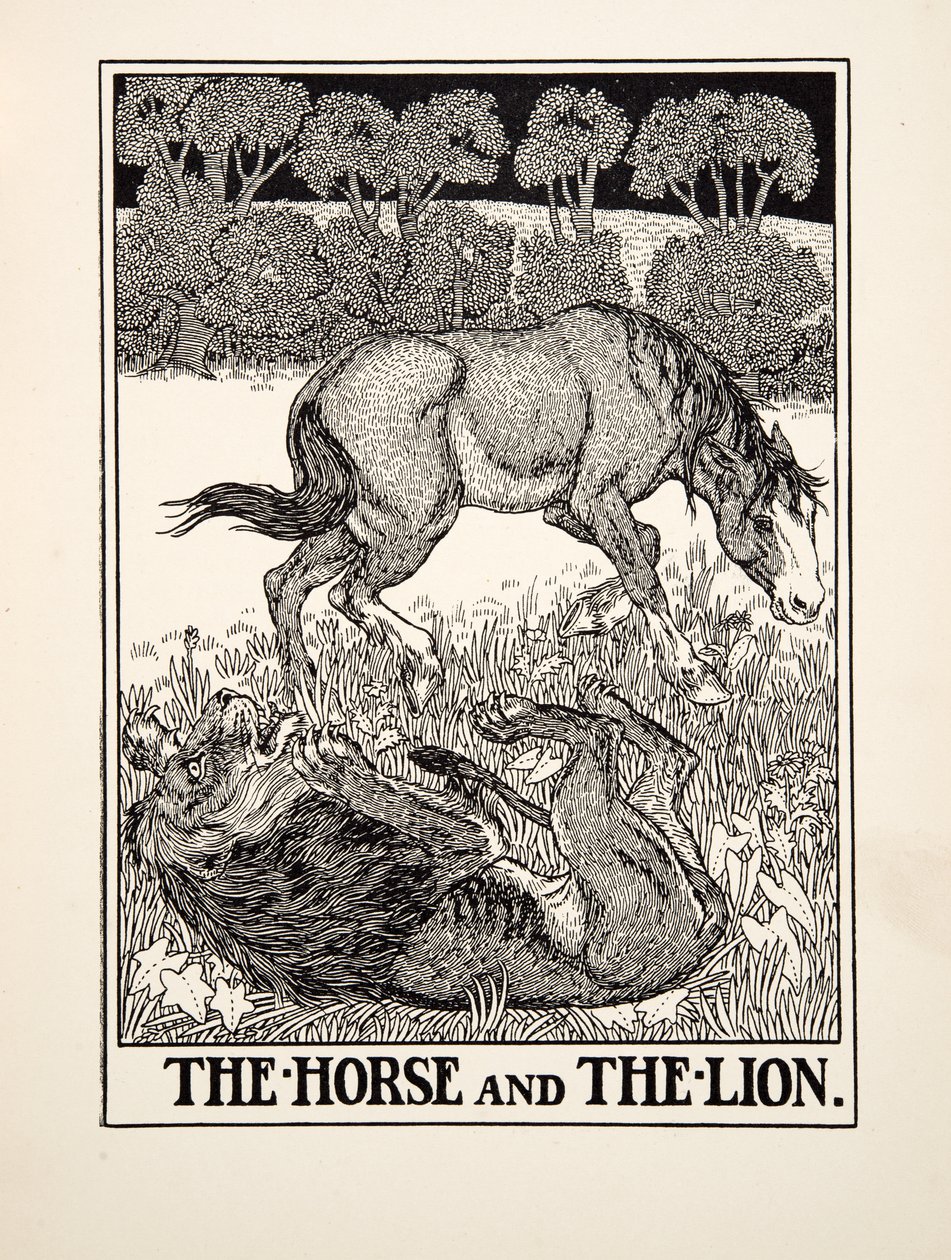 Kůň a lev, ze sta Ezopových bajek, pub.1903 od Percy J. Billingshurst
