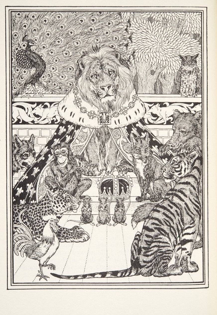 The Lion and his Associates, Frontispiece, from Fontaine Fables, pub. 1905 od Percy J. Billingshurst
