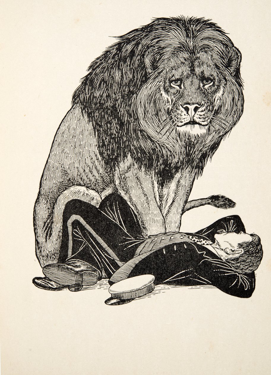 Lev a jeho strážce, ze Sto anekdot o zvířatech, hospoda. 1924 od Percy J. Billingshurst