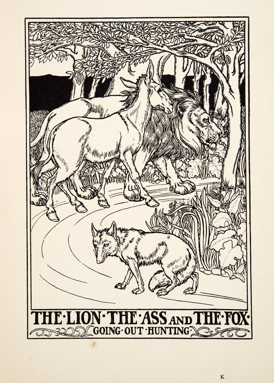 Lev, osel a liška na lovu, ze Sto Ezopových bajek, pub. 1903 (rytina) od Percy J. Billingshurst