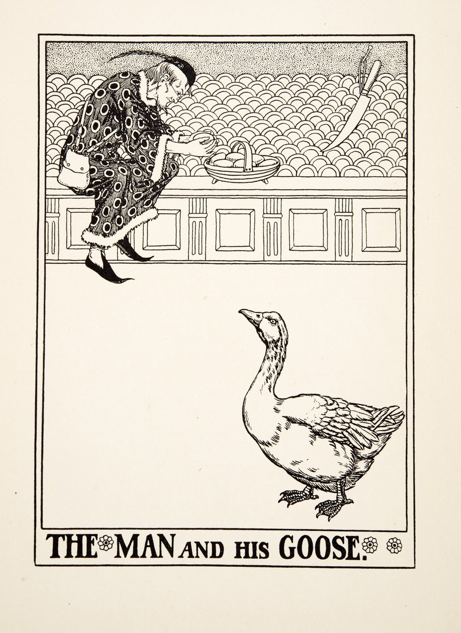 Muž a jeho husa, ze Sto Ezopových bajek, pub. 1903 (rytina) od Percy J. Billingshurst