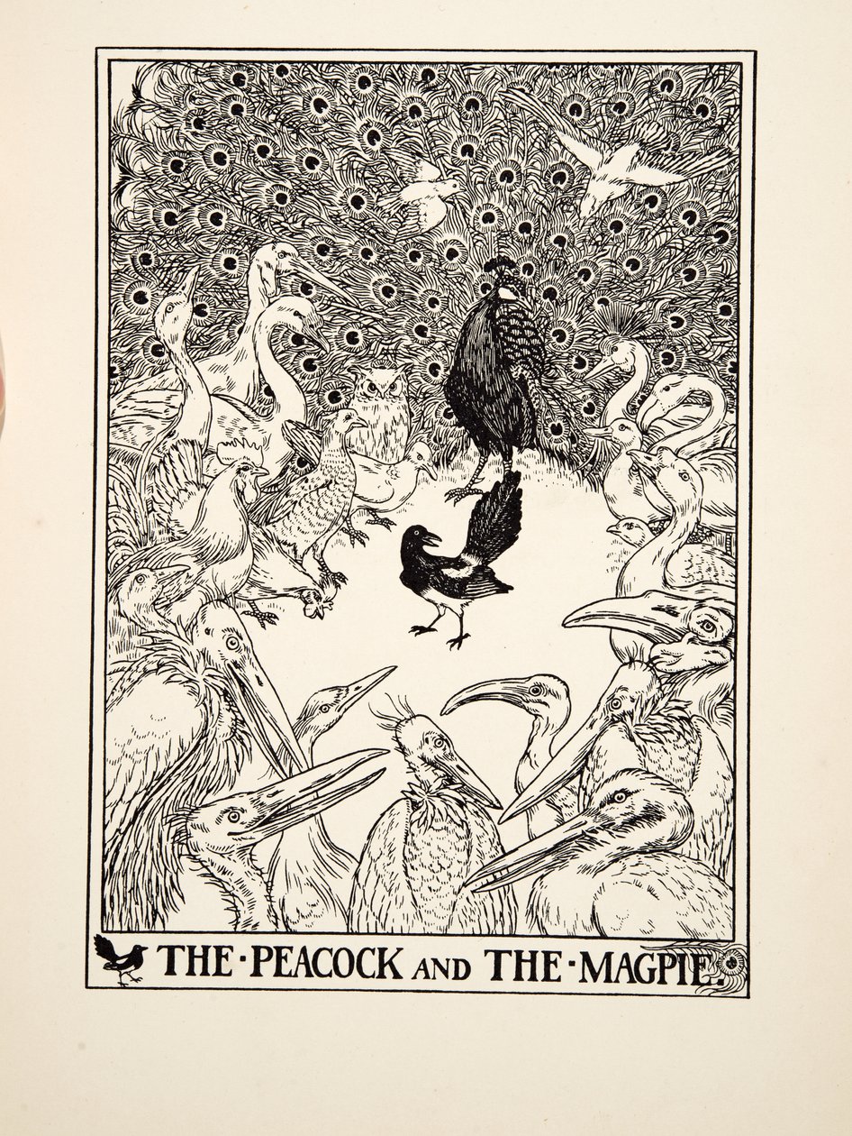 Páv a straka, ze Sto Ezopových bajek, pub. 1903 (rytina) od Percy J. Billingshurst