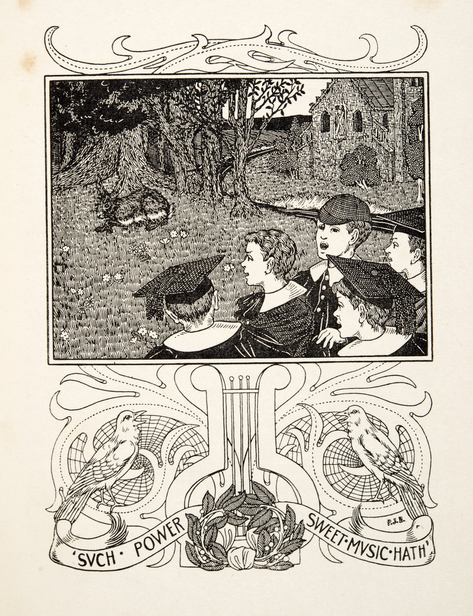 Síla hudby, ze Sto anekdot o zvířatech, hospoda. 1924 (rytina) od Percy J. Billingshurst