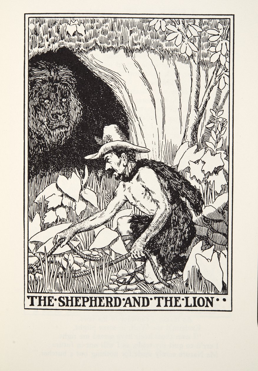 Pastýř a lev, z Fontaine Fables, hospoda. 1905 od Percy J. Billingshurst