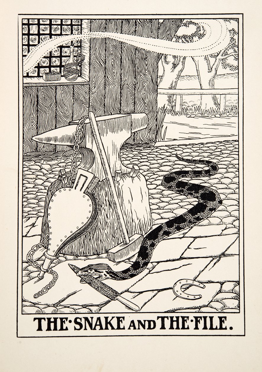 The Snake and the File, from A Hundred Bajky of Ezop, pub. 1903 (rytina) od Percy J. Billingshurst