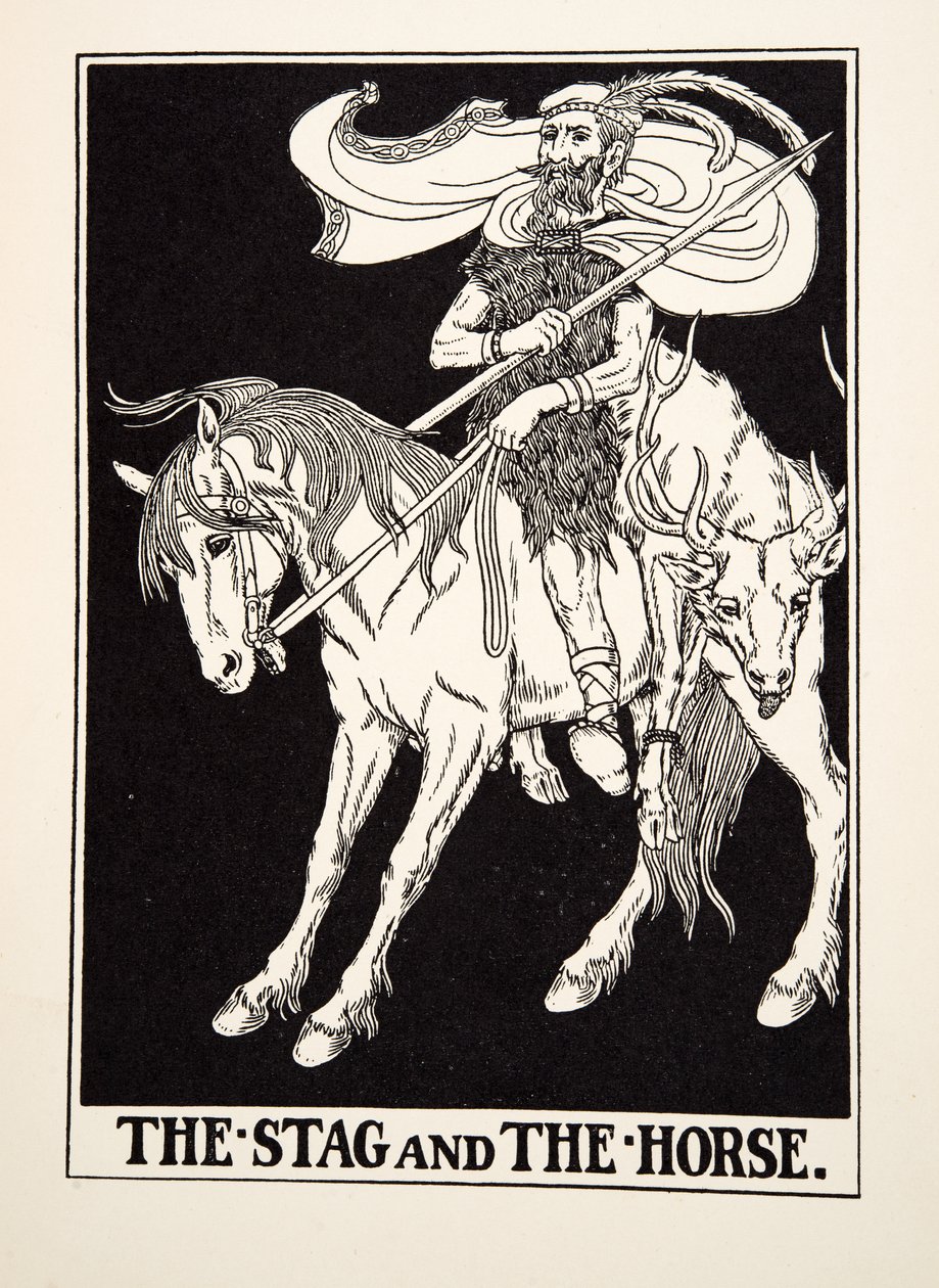 Jelen a kůň, ze sta Ezopových bajek, pub. 1903 (rytina) od Percy J. Billingshurst