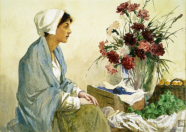 Prodejce květin (akvarel na papíře) od Percy Lancaster