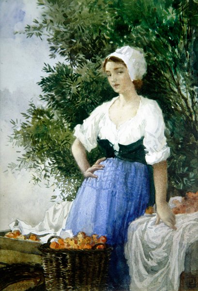 Oranžový prodejce (akvarel na papíře) od Percy Lancaster