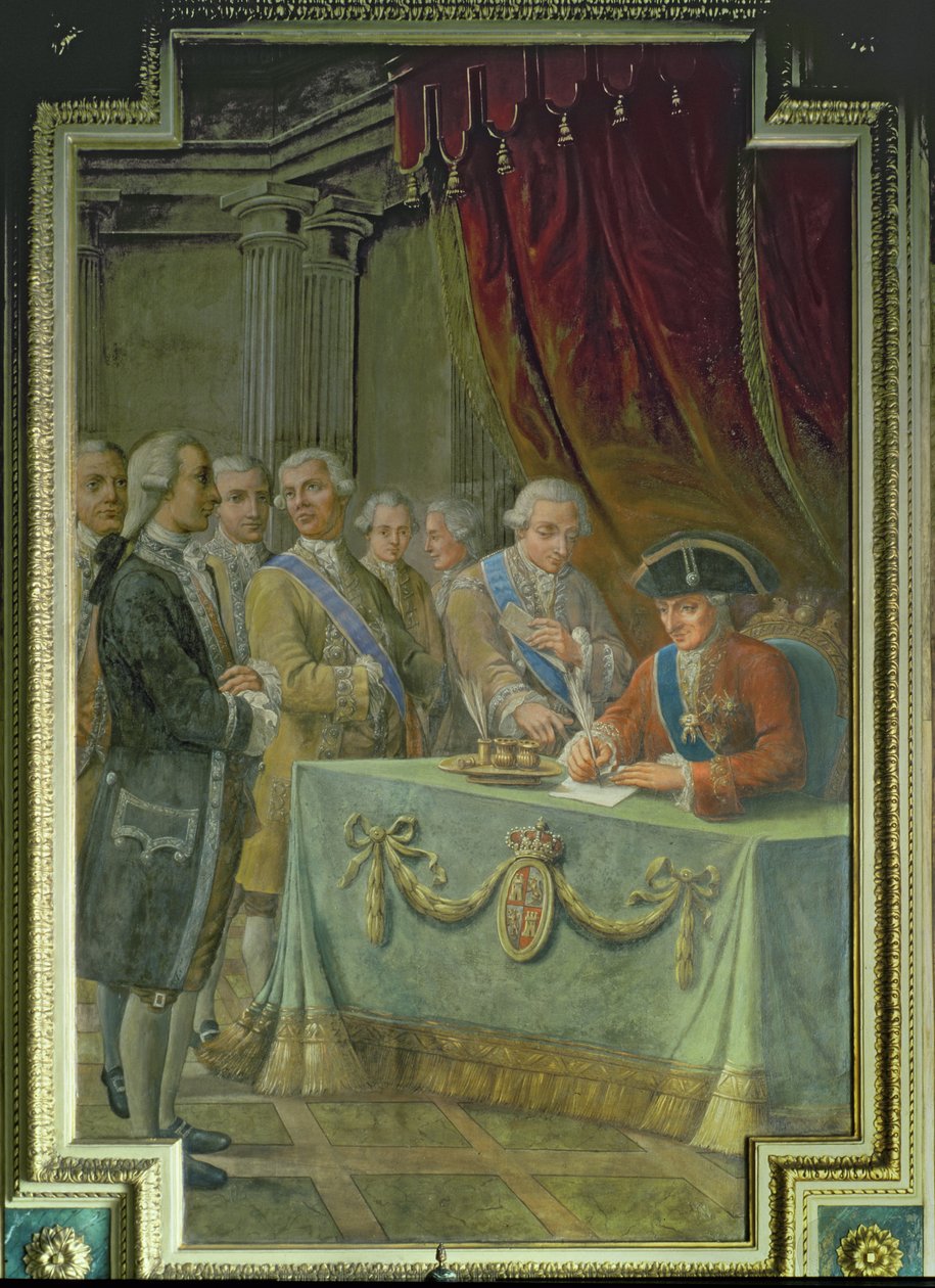 Karel III. (1716-88) podepisuje dekret povolující obchod s Asií a Filipínami od Pere Pau Muntanya