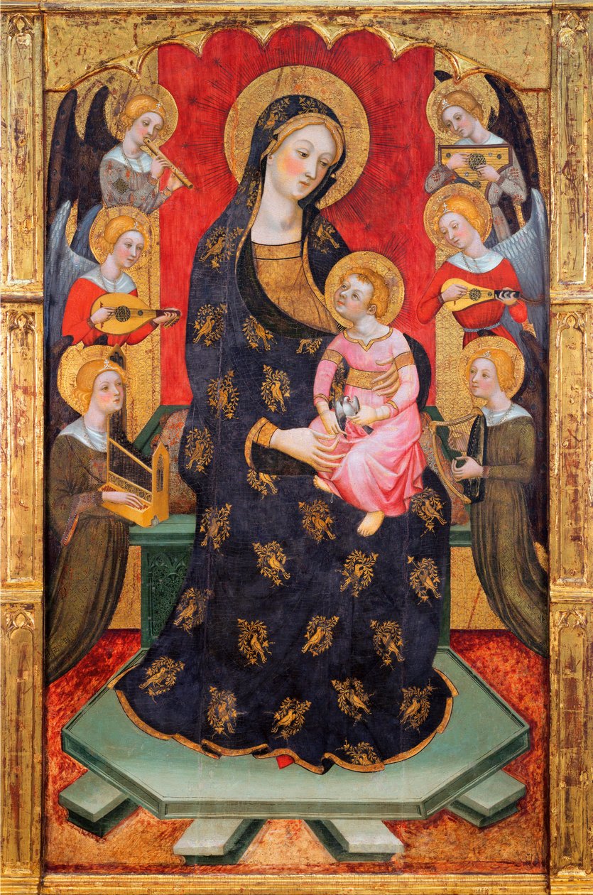 Madonna a dítě s anděly hudebníků - Madonna s anděly hrají hudbu - Malba Pere (Pedro) Serra (aktivní kolem 1357-1406), cca 1380 - Tempera na panelu - Museu Nacional d