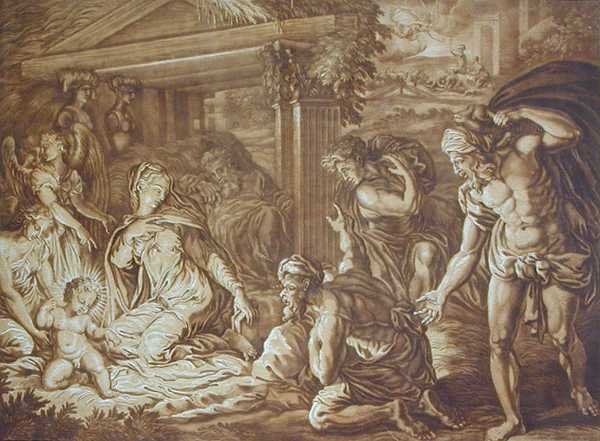Klanění pastýřů, vyryté Elishahem Kirkhallem (1682-1742) 1724 (barva lito) od Perino del Vaga