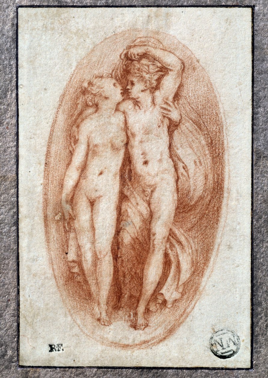Pár objímá. Kresba a la sanguine od Pietra Buonaccorsiho (1500-1546 / 47), také známého jako Pierino del Vaga od Perino del Vaga