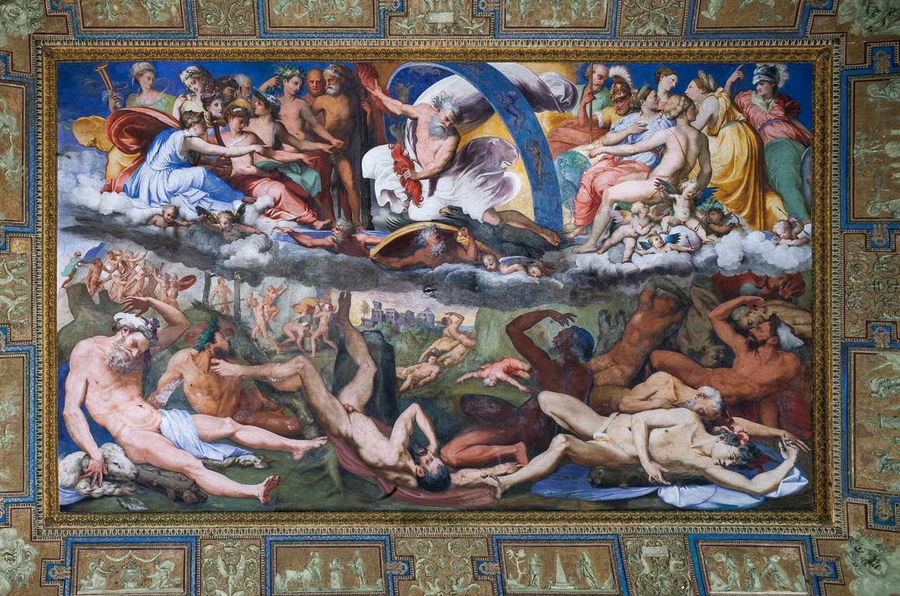 Zeus zasáhl rebelující obry (Pád obrů) v Jupiterově síni od Perino del Vaga