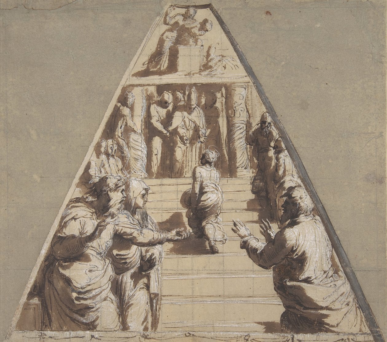 Představení Panny Marie v chrámu dole, Abraham se chystá obětovat Izáka nahoře, 1520. od Perino del Vaga