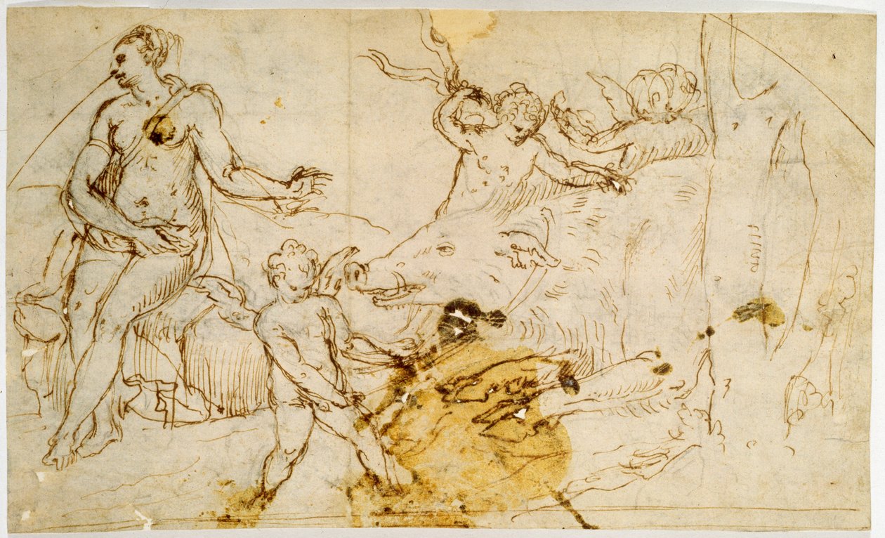 Venuše, putti a divoké prase, kolem 1520-1540 od Perino del Vaga