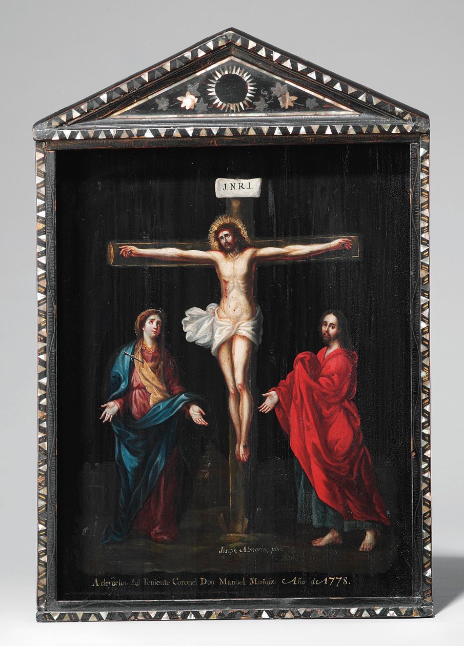 A Christian Lacquer Shrine (Seigan), obraz 18. století (olej na panelu s perletí, zlato a stříbro) od Period Momoyama