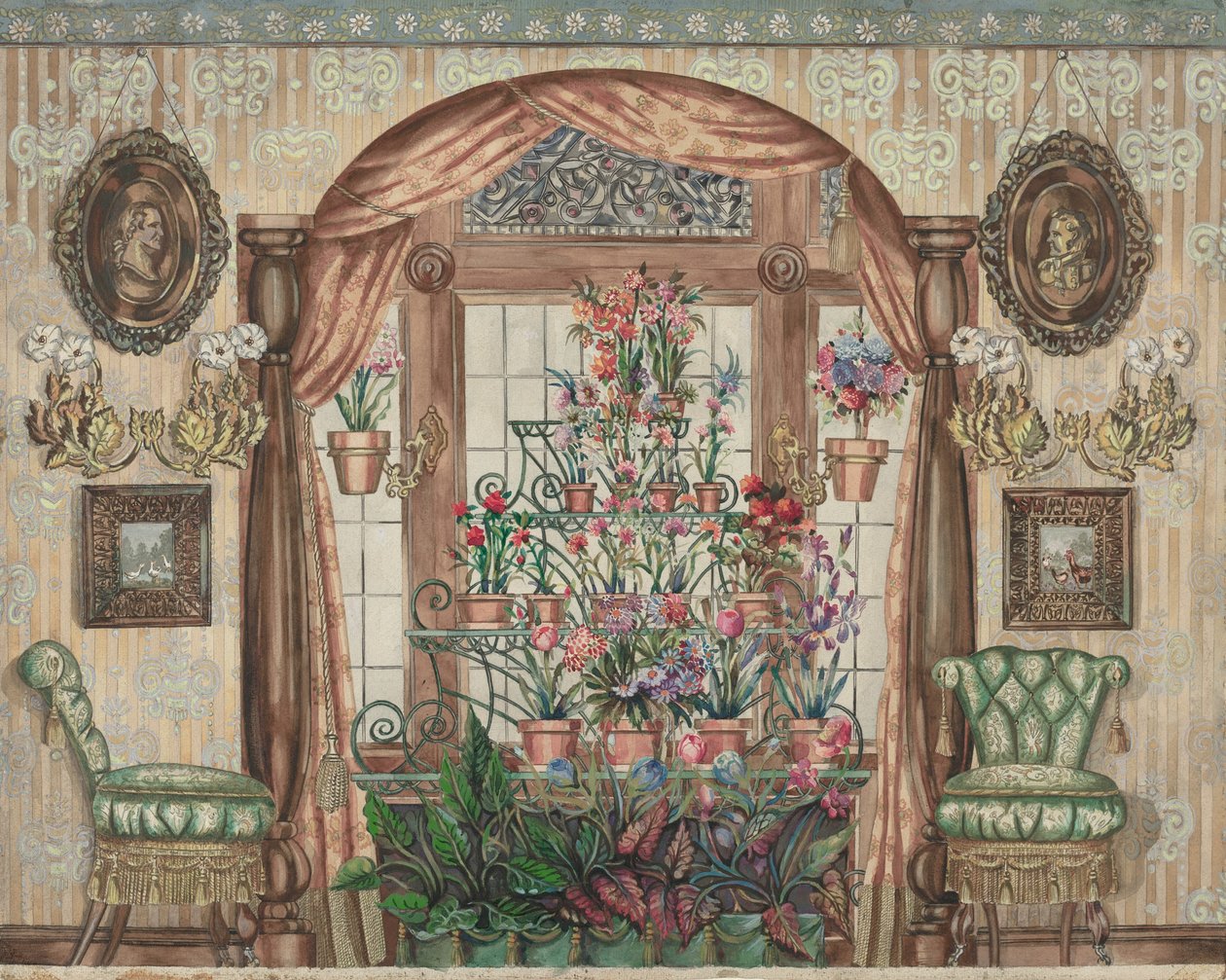 Okno zimní zahrady s květinami, 19351942. od Perkins Harnly