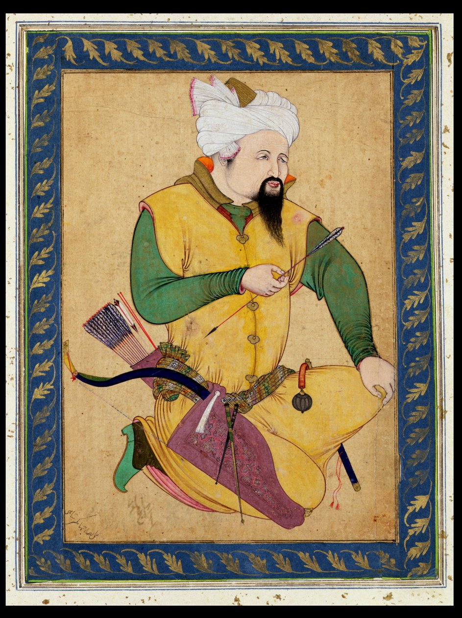 Turkomanský nebo mongolský náčelník držící šíp, z Velkého Clive Album, 1591-92 (malba na bavlně) od Persian School