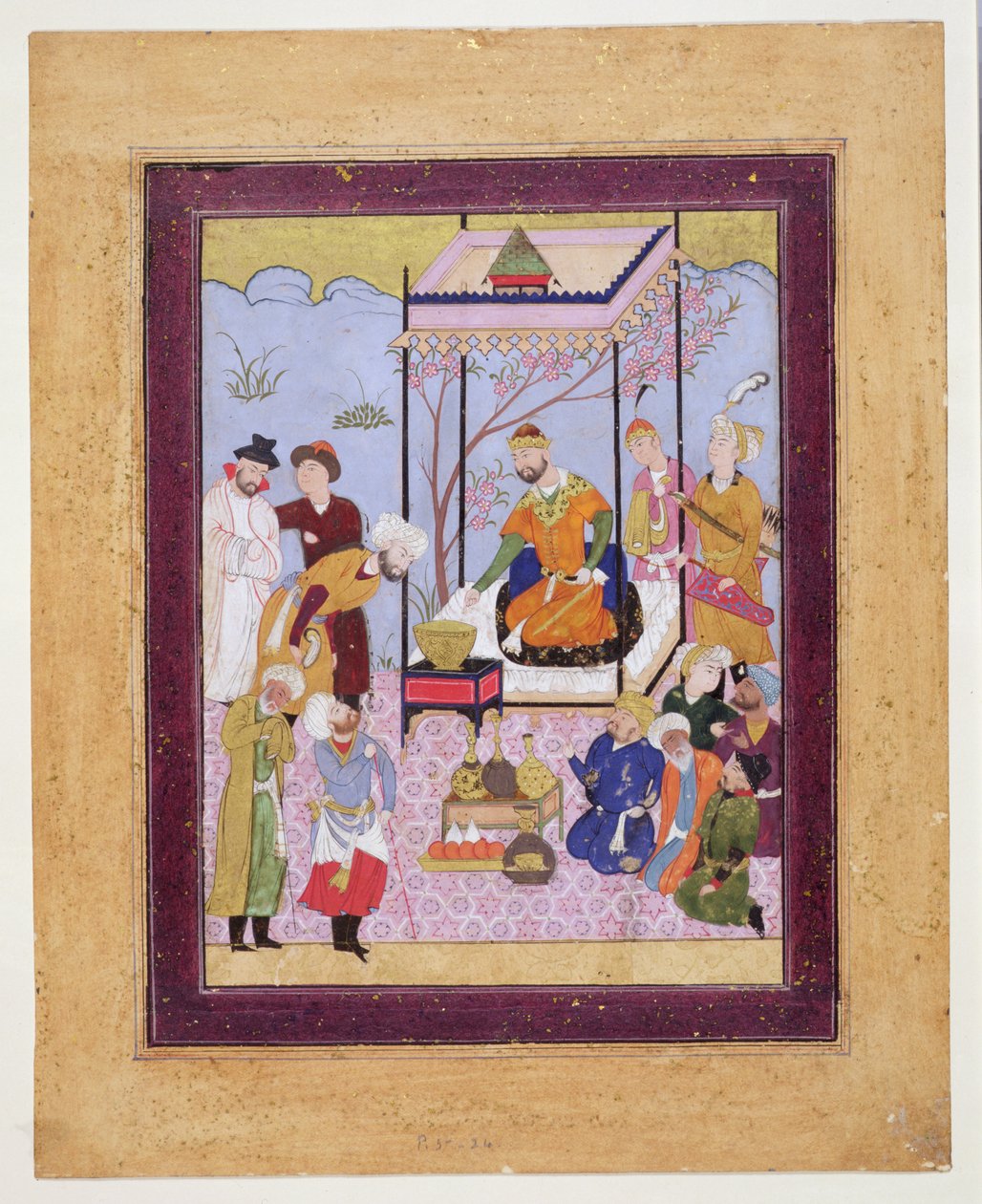Chamsa Nizámího v pavilonu mezi stoupenci a doprovodem, kolem roku 1590 (čb, tělová barva a zlacení na kartonu) od Persian School
