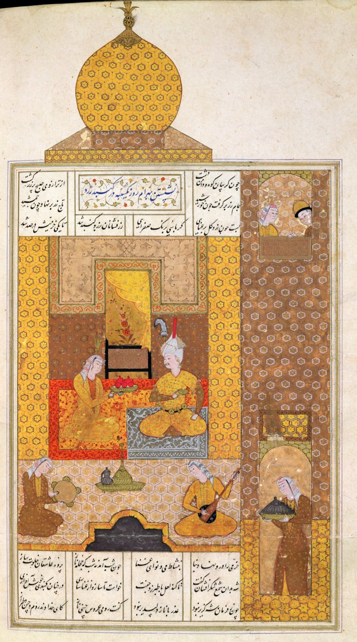 Paní D-212 fol.205b Bahram (420-28) Návštěvy princezny z Turkestánu, ilustrace k Sedmi princezen, 1199, Elias Nezami (1140-1209) kolem 1550 od Persian School