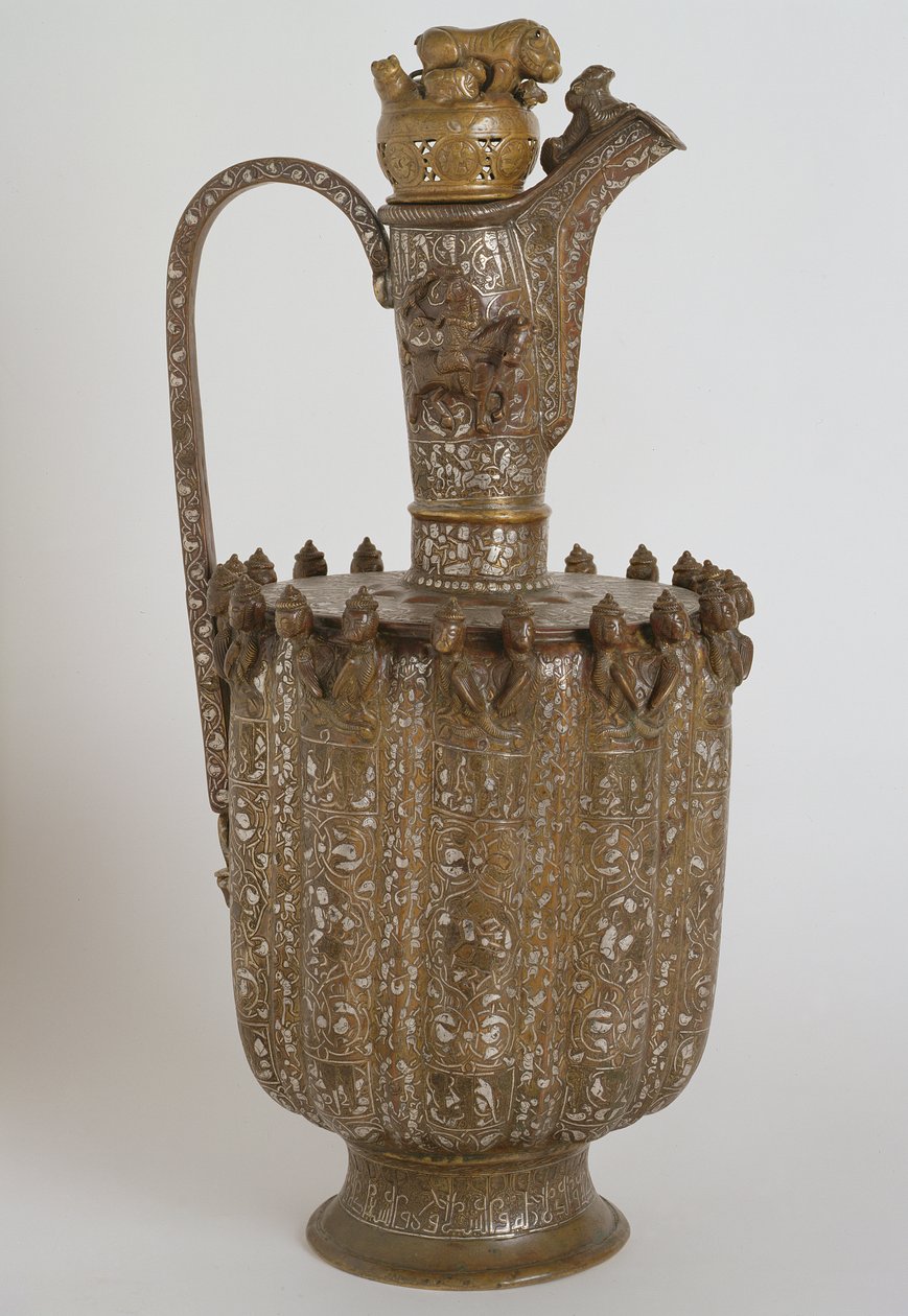 Džbán s rukojetí a víkem, z Khorasan, dynastie Safavid (mosaz s rytinou se stříbrnou intarzií) od Persian School