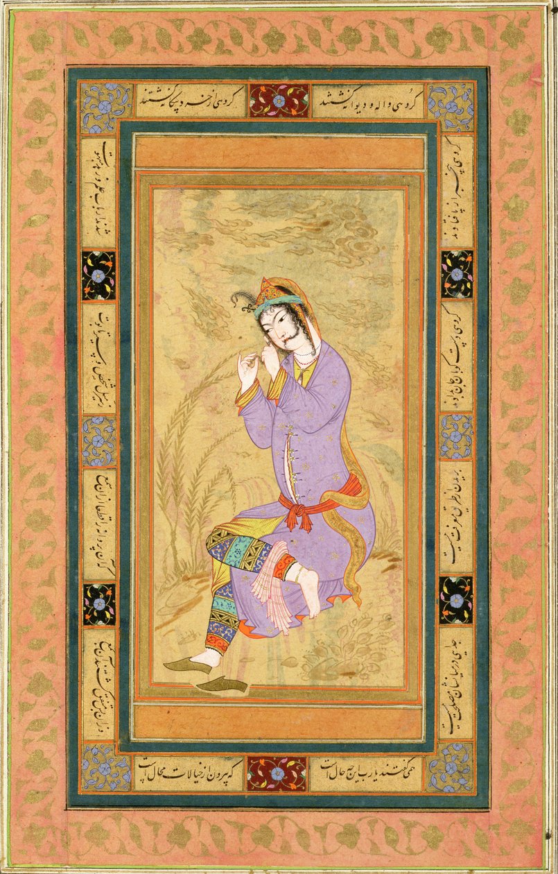 Sedící dívka vlnící si vlasy do kroužků, z alba Large Clive Album, cca 1600-10 od Persian School