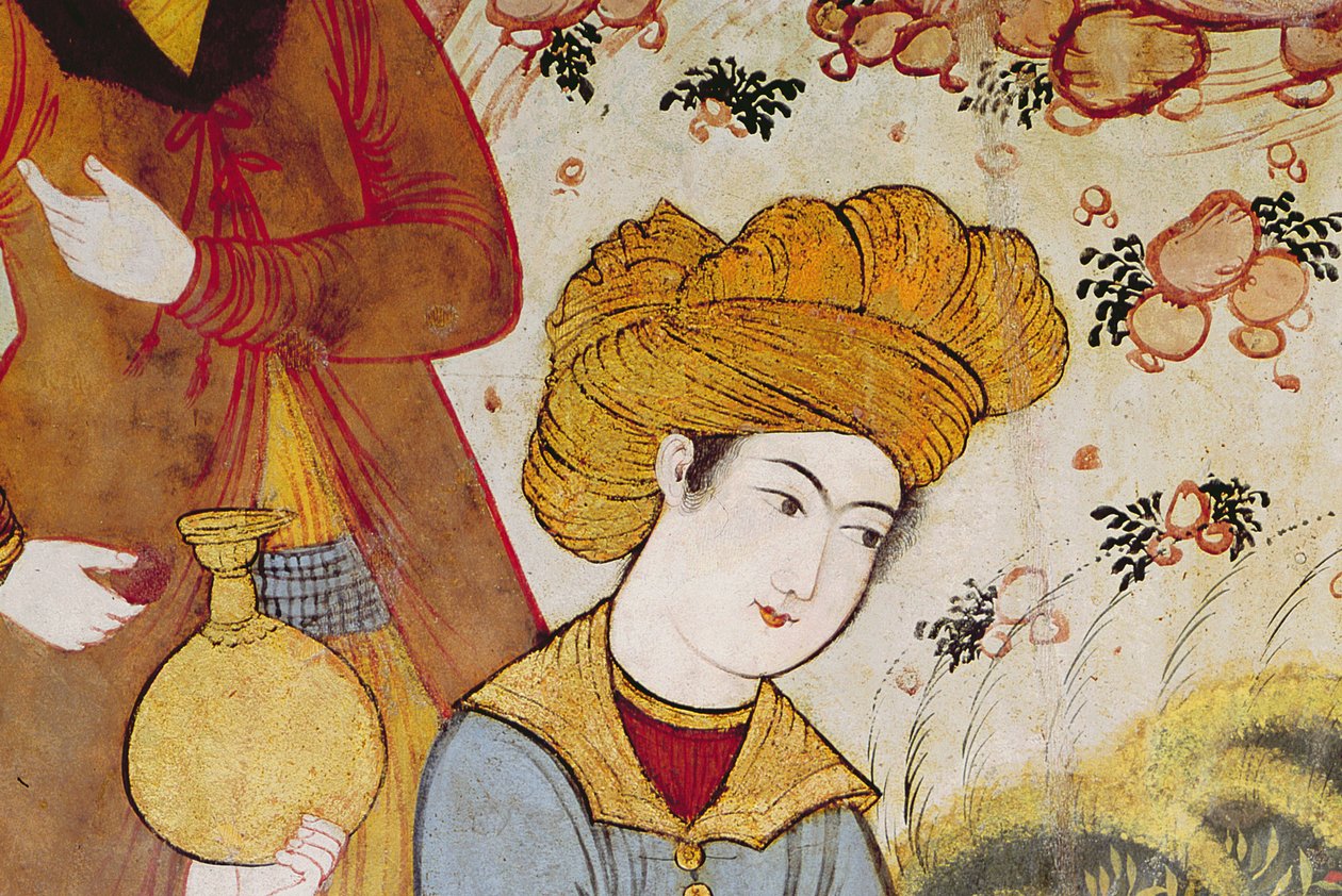 Shah Abbas I (1588-1629) a dvořan nabízející ovoce a nápoje (detail 155563 zobrazující hlavu dvořana) od Persian School
