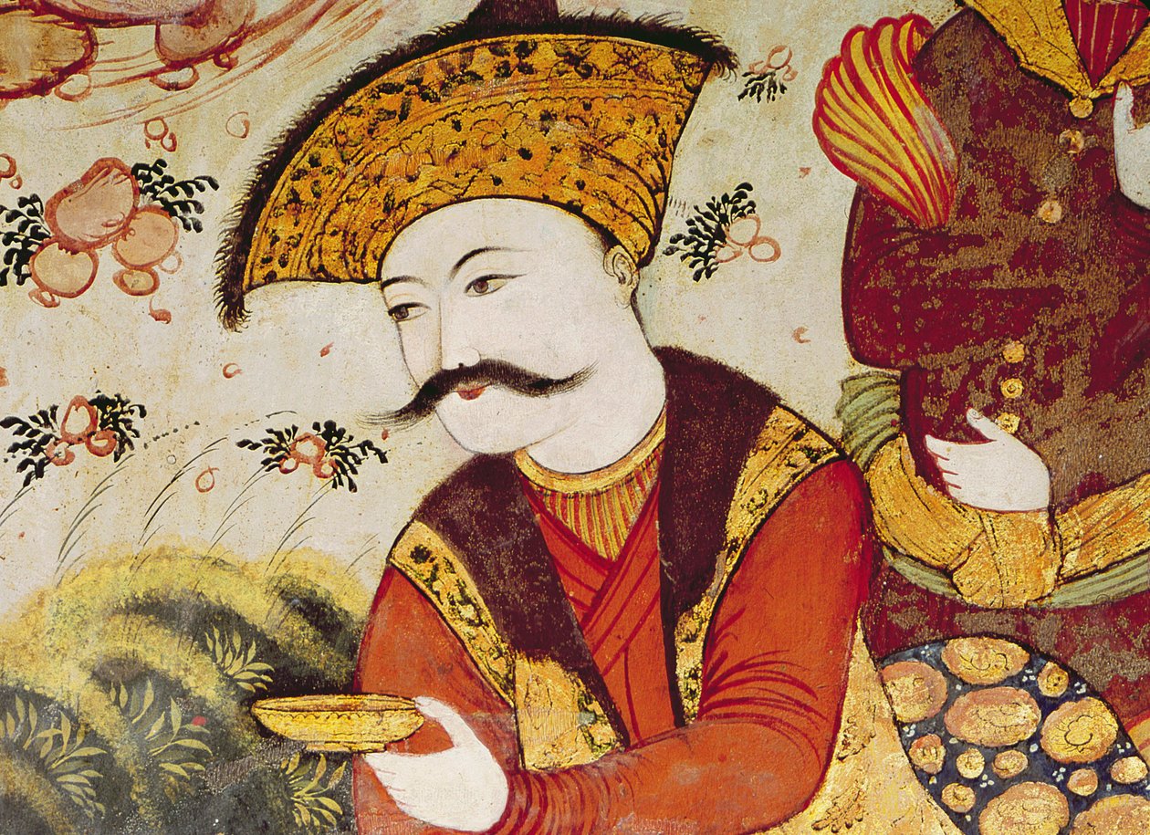Shah Abbas I (1588-1629) a dvořan nabízející ovoce a nápoje (detail 155563 zobrazující hlavu šáha) od Persian School