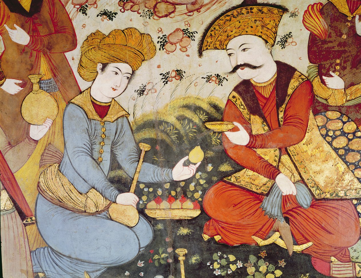 Shah Abbas I (1588-1629) a dvořan nabízející ovoce a nápoje (detail) od Persian School