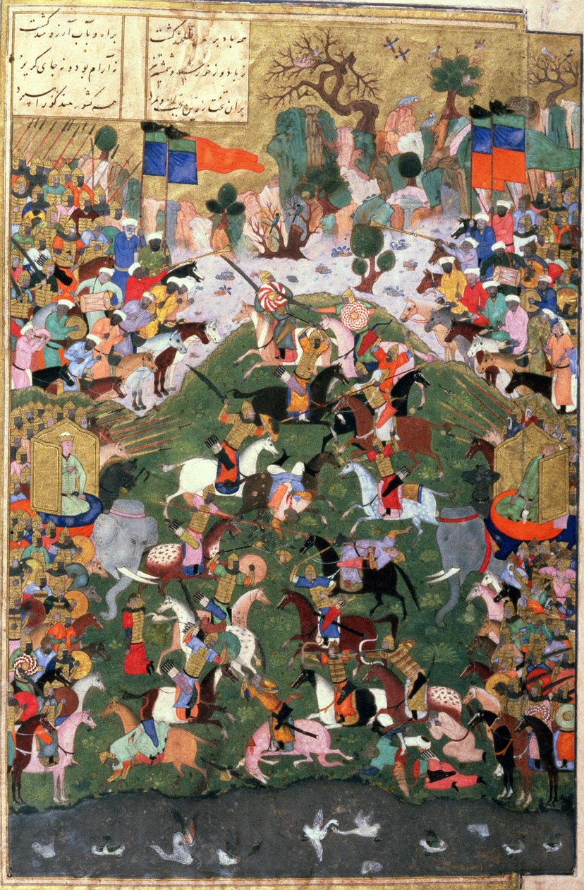 The Origin of Chess: Battle Between Gaw and Talhand, ilustrace z Shahnama (Kniha králů), Abul-Qasim Manur Firdawsi (c.934-c.1020) c.1440-45 (pero, inkoust a wc na pergamenu) od Persian School