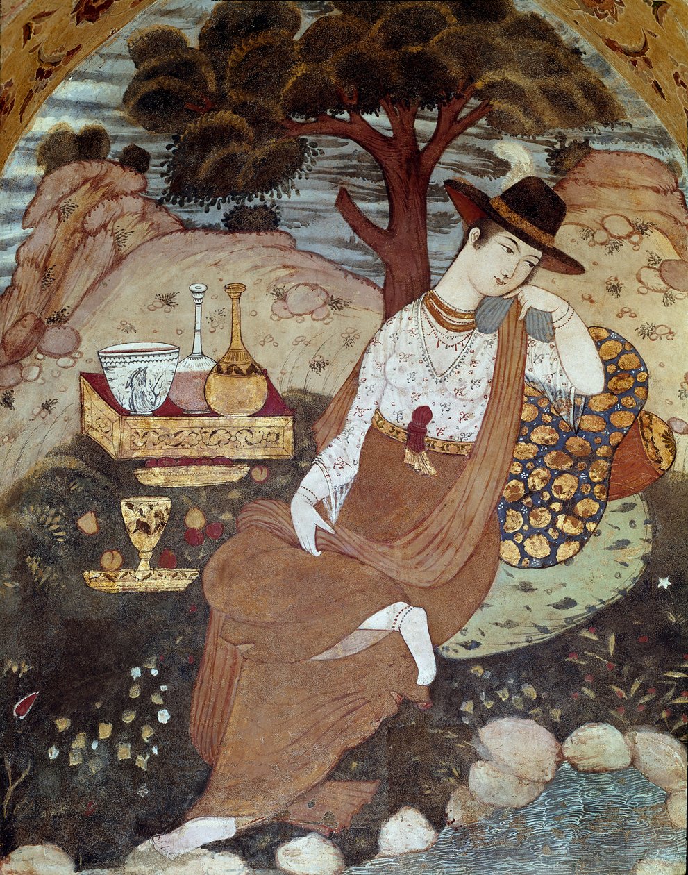 Perská princezna za vlády Abbáse I. odpočívající v 17. století. Freska z Paláce 40 sloupů (Chehel Sotoun) v Isfahánu (Isfahán nebo Esfahán, Isfahán), Írán. od Persian School