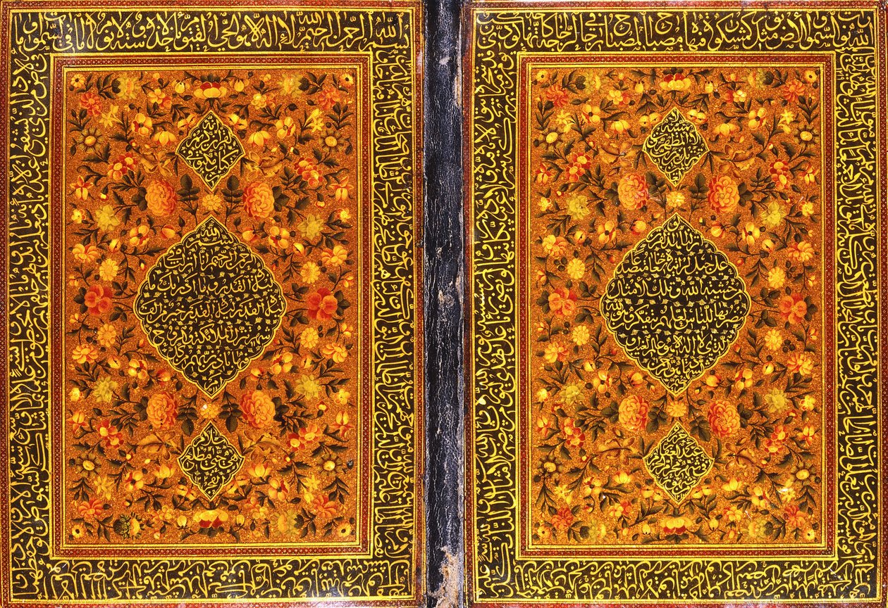 Qajar Qur" vazba, malovaná květinovým vzorem a medailonem obsahujícím nápis thuluth, cca 1801-2 od Persian School